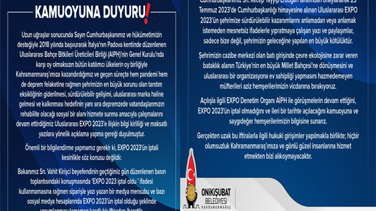 Onikişubat Belediyesi “EXPO 2023'ün iptali söz konusu değildir”
