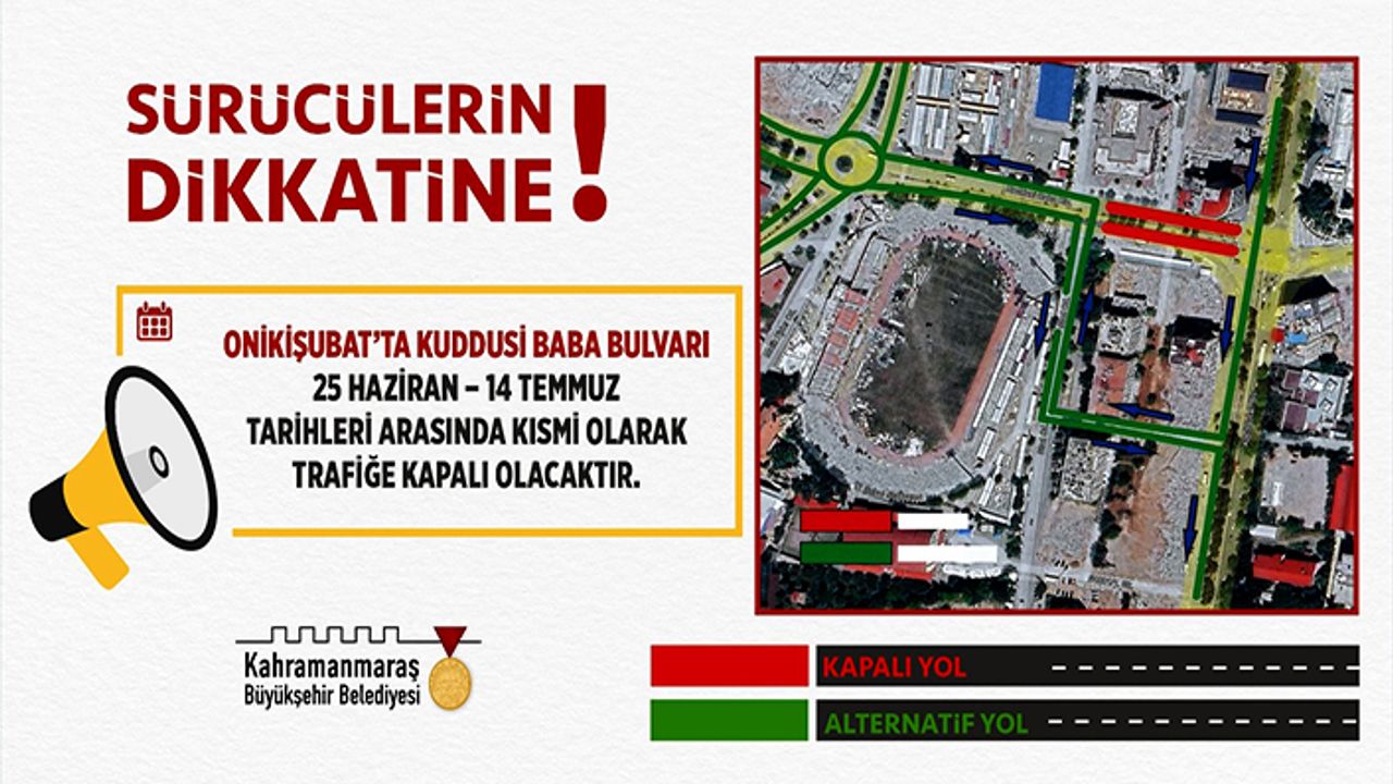 Kuddusi Baba Bulvarı kısmi olarak 14 Temmuz’a kadar trafiğe kapatılacak