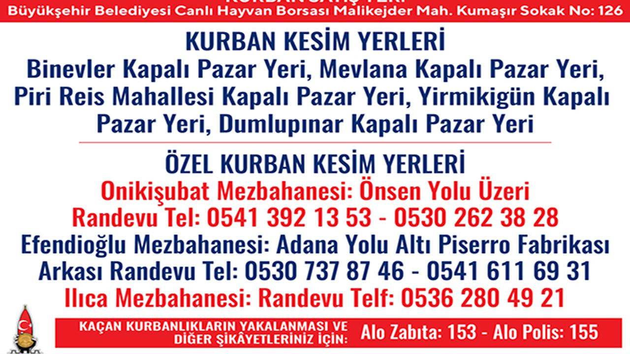 Onikişubat Belediyesi’nden kurbanlık satış ve kesim yerleri açıklaması