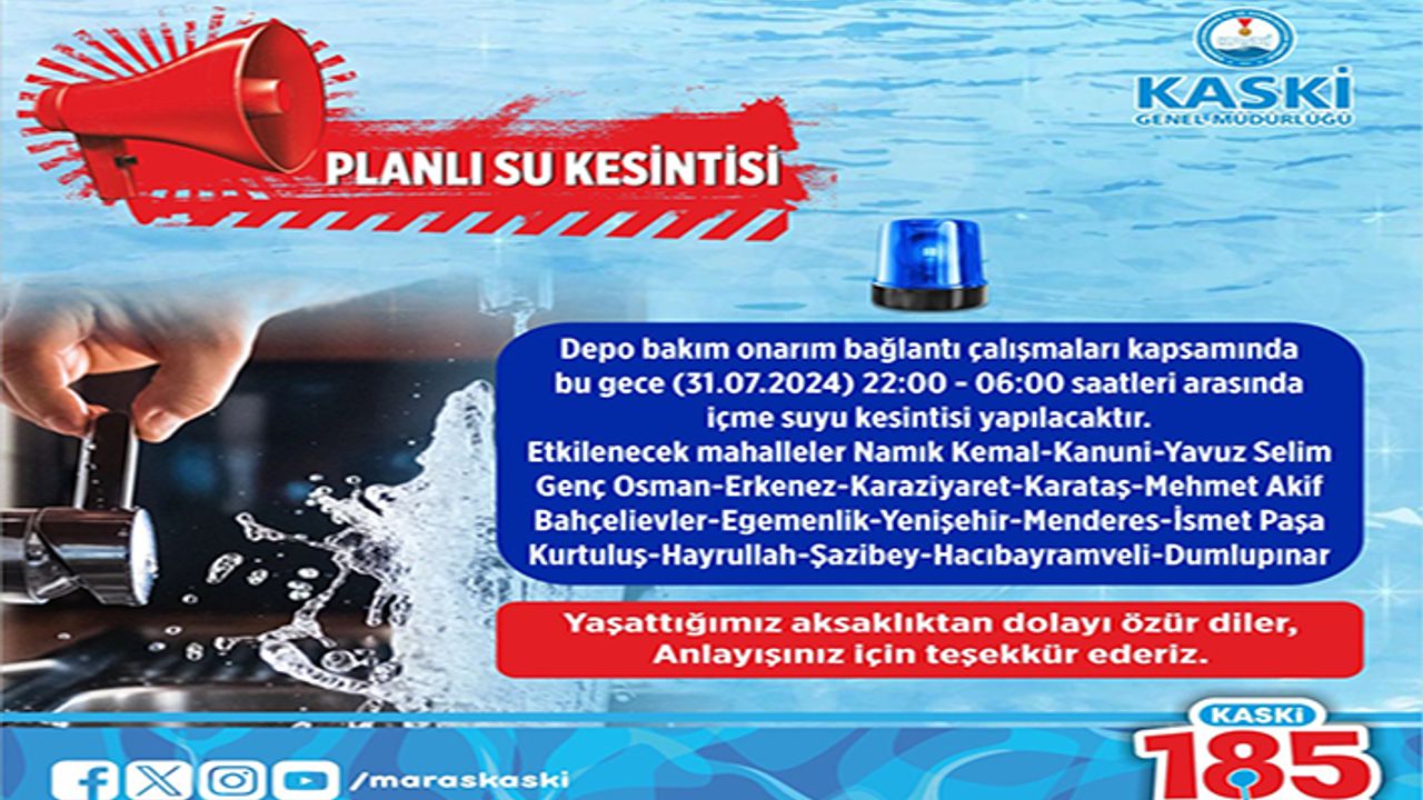 Onikişubat ve Dulkadiroğlu’nda 18 mahallede su kesintisi yaşanacak