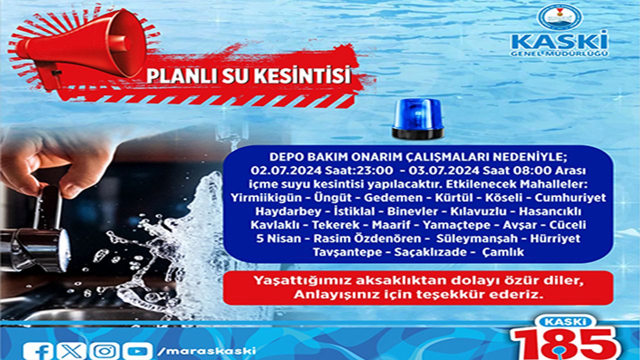 Onikişubat’ta 24 mahallede su kesintisi uyarısı