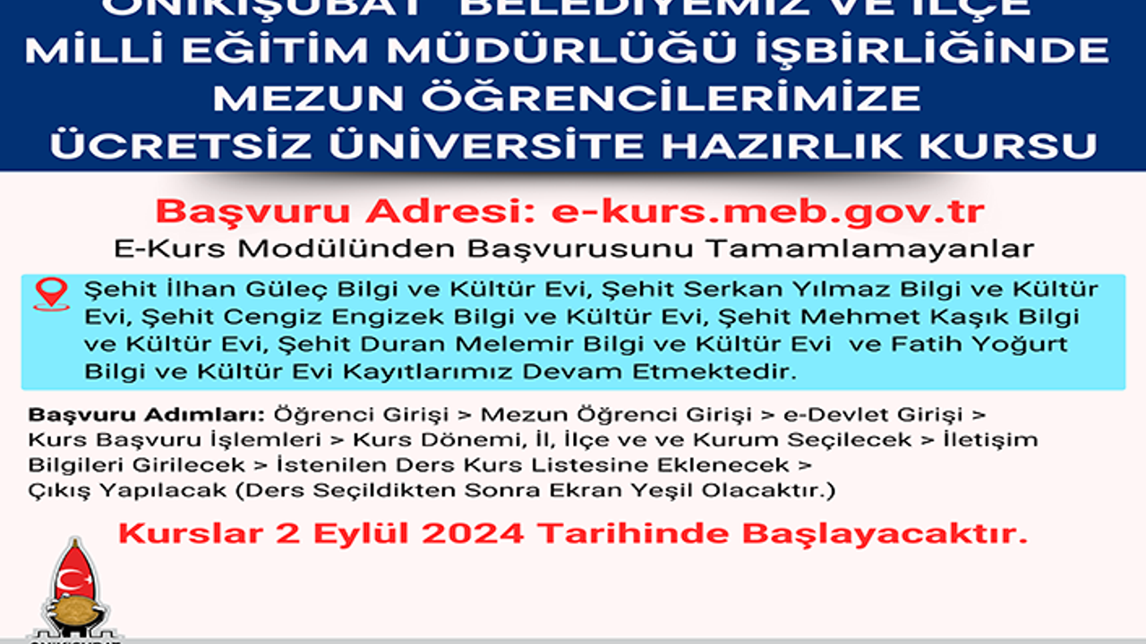 Onikişubat Belediyesi’nin ücretsiz Üniversite hazırlık kursu’na kayıtlar başladı