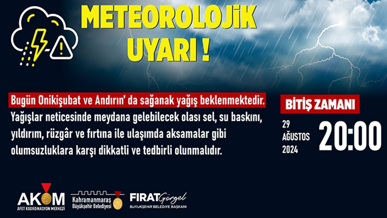 Onikişubat ve Andırın’da sağanak yağış uyarısı