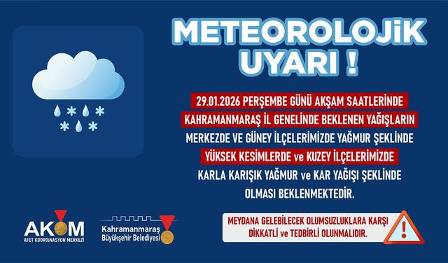 Kahramanmaraş’ta yağmur ve kar yağışı uyarısı