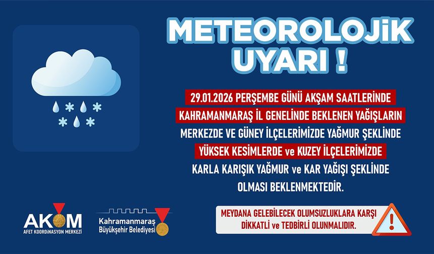 Kahramanmaraş’ta yağmur ve kar yağışı uyarısı